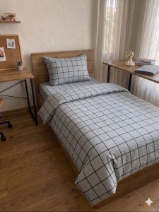 Gri Kareli Tek Kişilik Nevresim Takımı – Lastikli Çarşaf